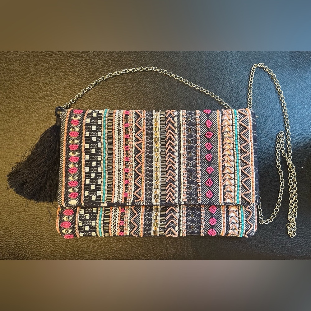 La Sera By Franchi Beaded Tapestry Purse, Tassel, Crossbody Chain